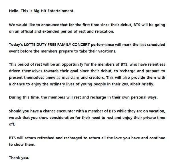 Suddenly announced an extended rest period, will BTS be absent from the year-end awards shows?