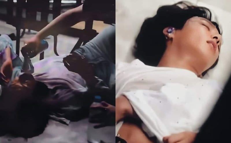 Jung Kook lays down on the floor after the performance, helped by staff to breathe oxygen.