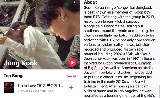 Jung Kook's profile mentions G-Dragon (Big Bang)