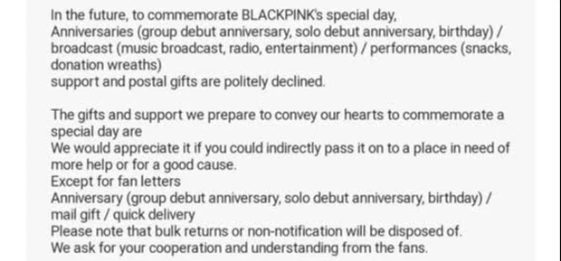 YG's announcement about politely refusing to accept any more fan gifts sent to BLACKPINK 