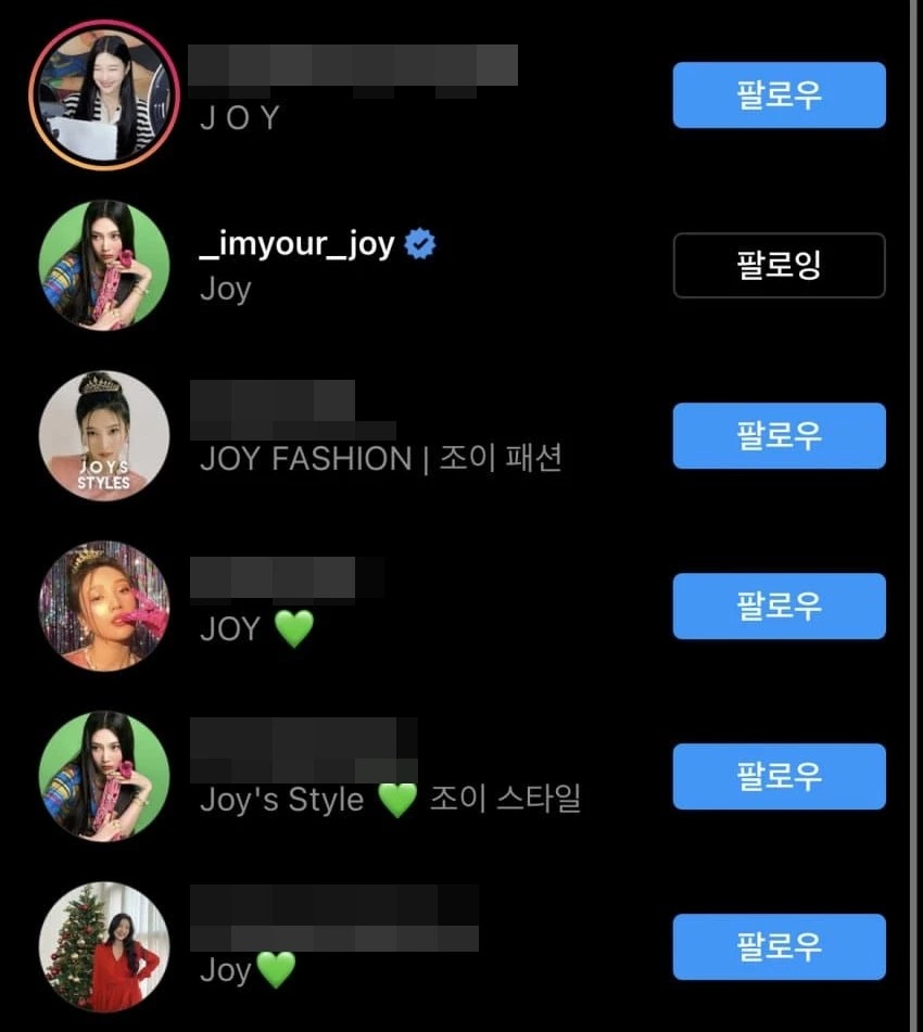 Joy's private Instagram account