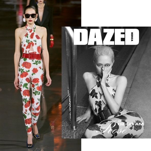 Floral jumpsuit showing off Rosé's curves.