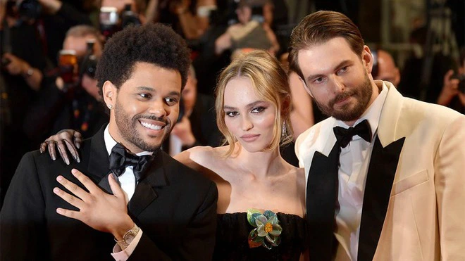 Producer Sam Levinson (right) with two stars, The Weeknd and Lily-Rose Depp.