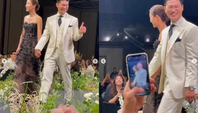 The happy couple held hands and walked down the aisle