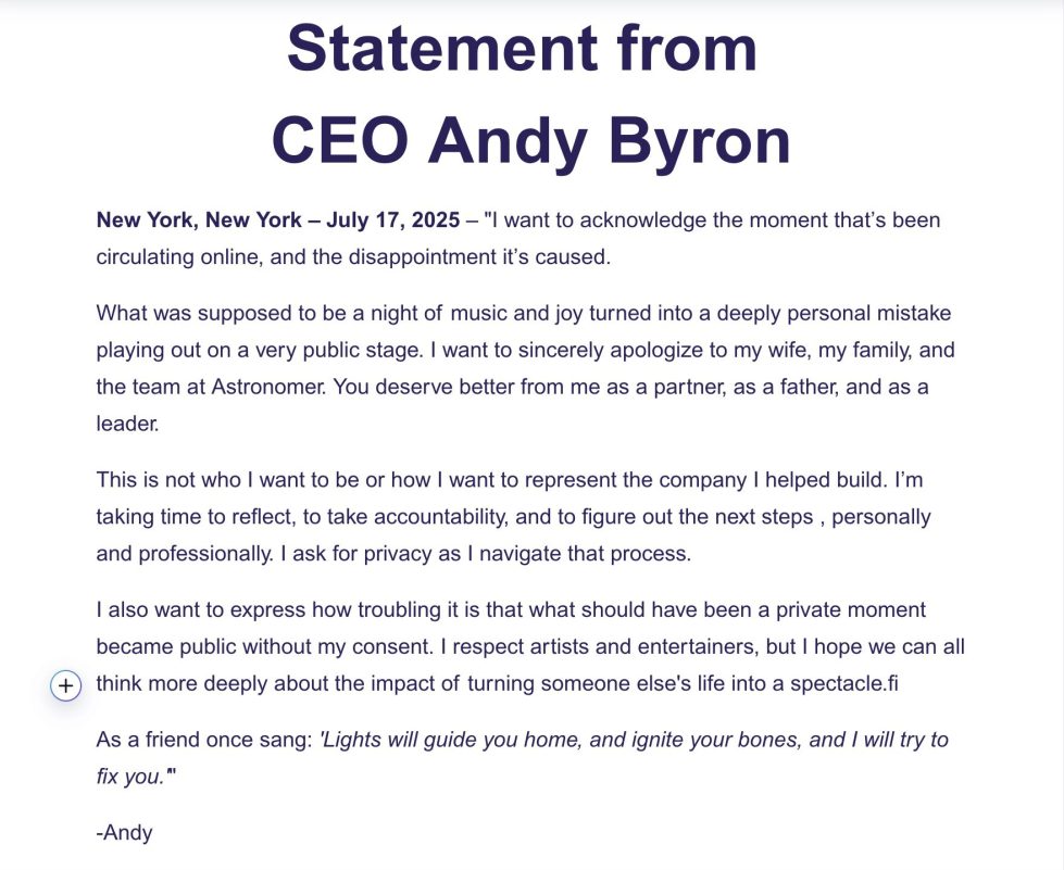 Astronomer CEO Andy Bryon issued a statement following a viral video