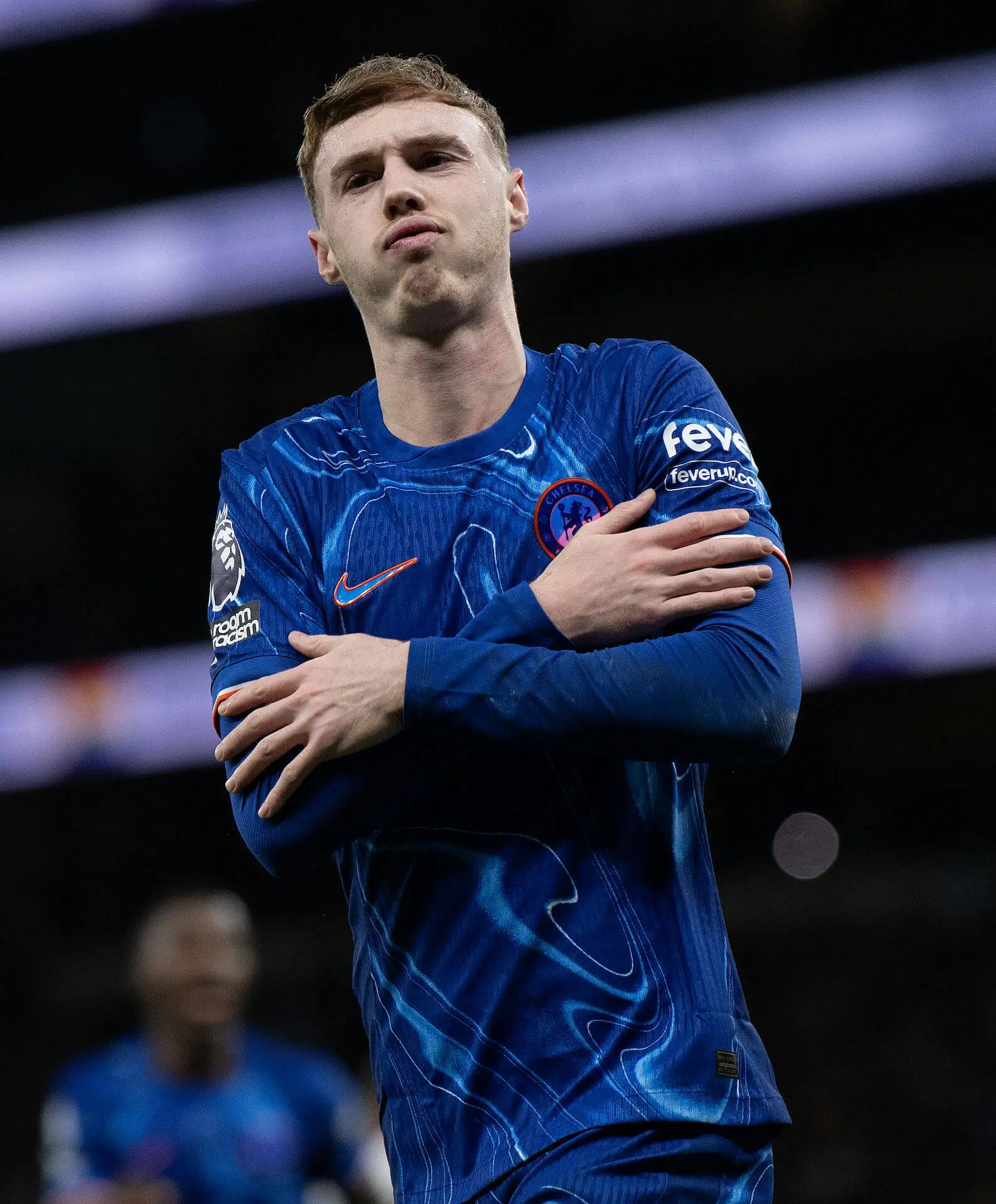 Man City Cole Palmer transfer De Bruyne successorsoccer' 'player' 'blue' 'jersey' 'arms' 'crossed.