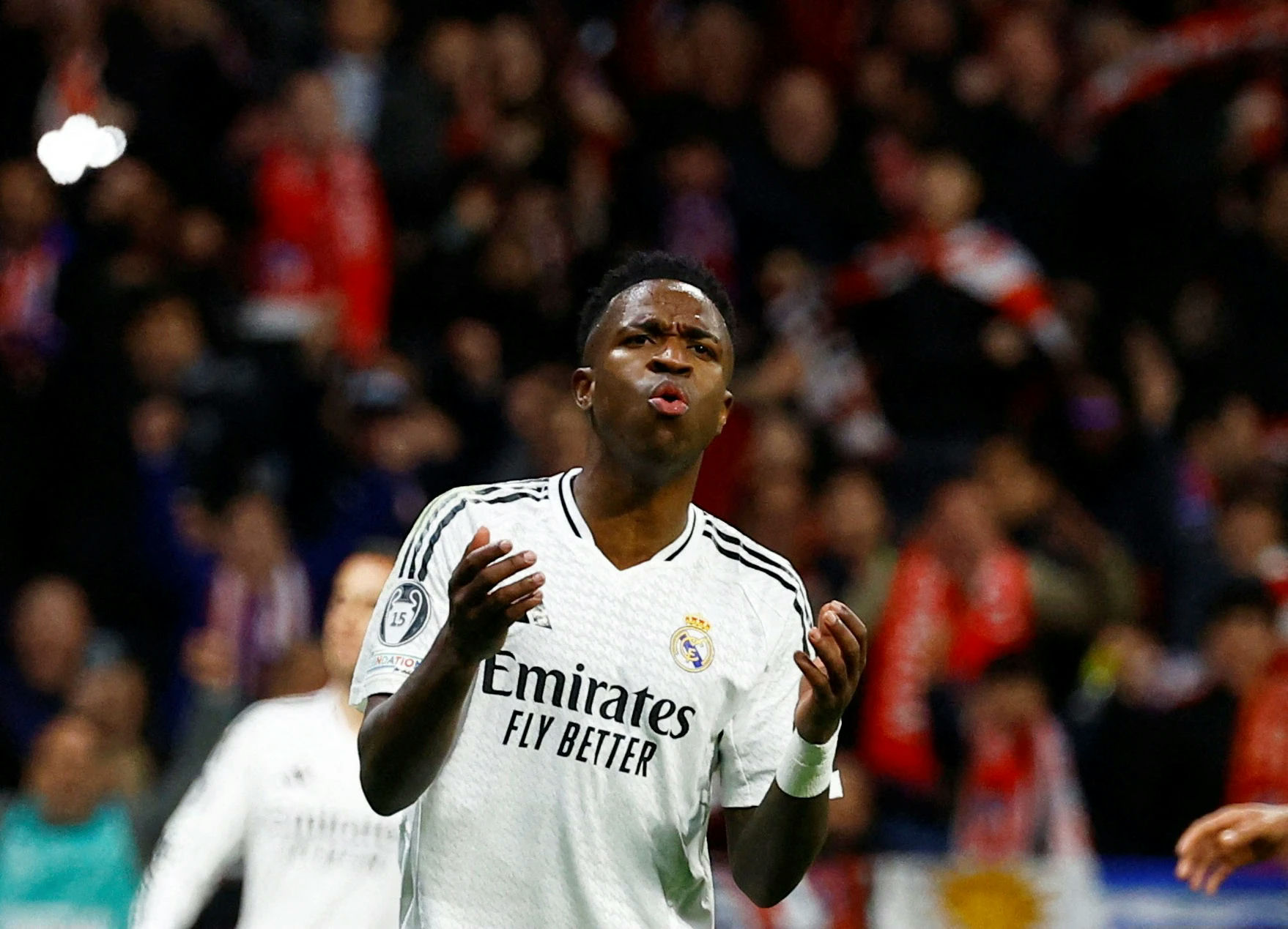 Real Madrid Vinicius transfersoccer' 'player' 'frustrated' 'crowd' 'uniform.