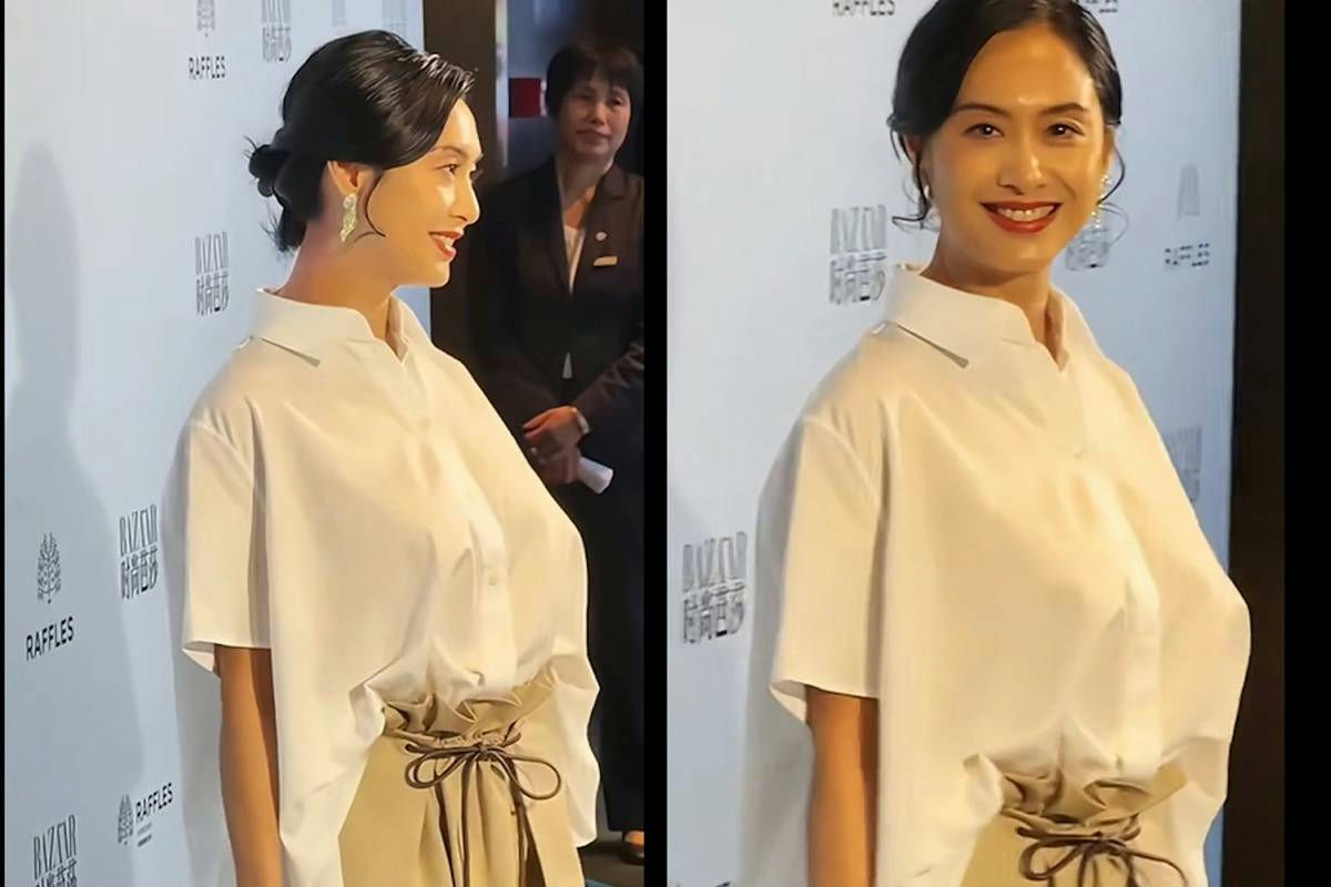 Athena Chu braless outfitwoman' 'smiling' 'white' 'hirt' 'elegant.
