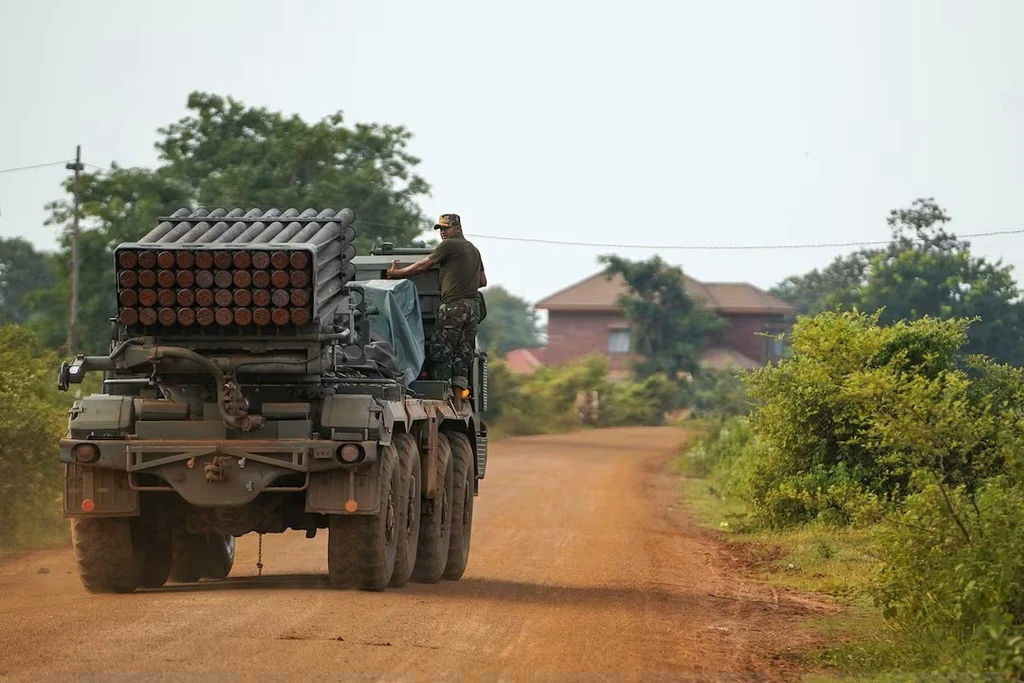 Thailand Cambodia border conflict 2025military' 'truck' 'rocketlauncher' 'soldier' 'road.