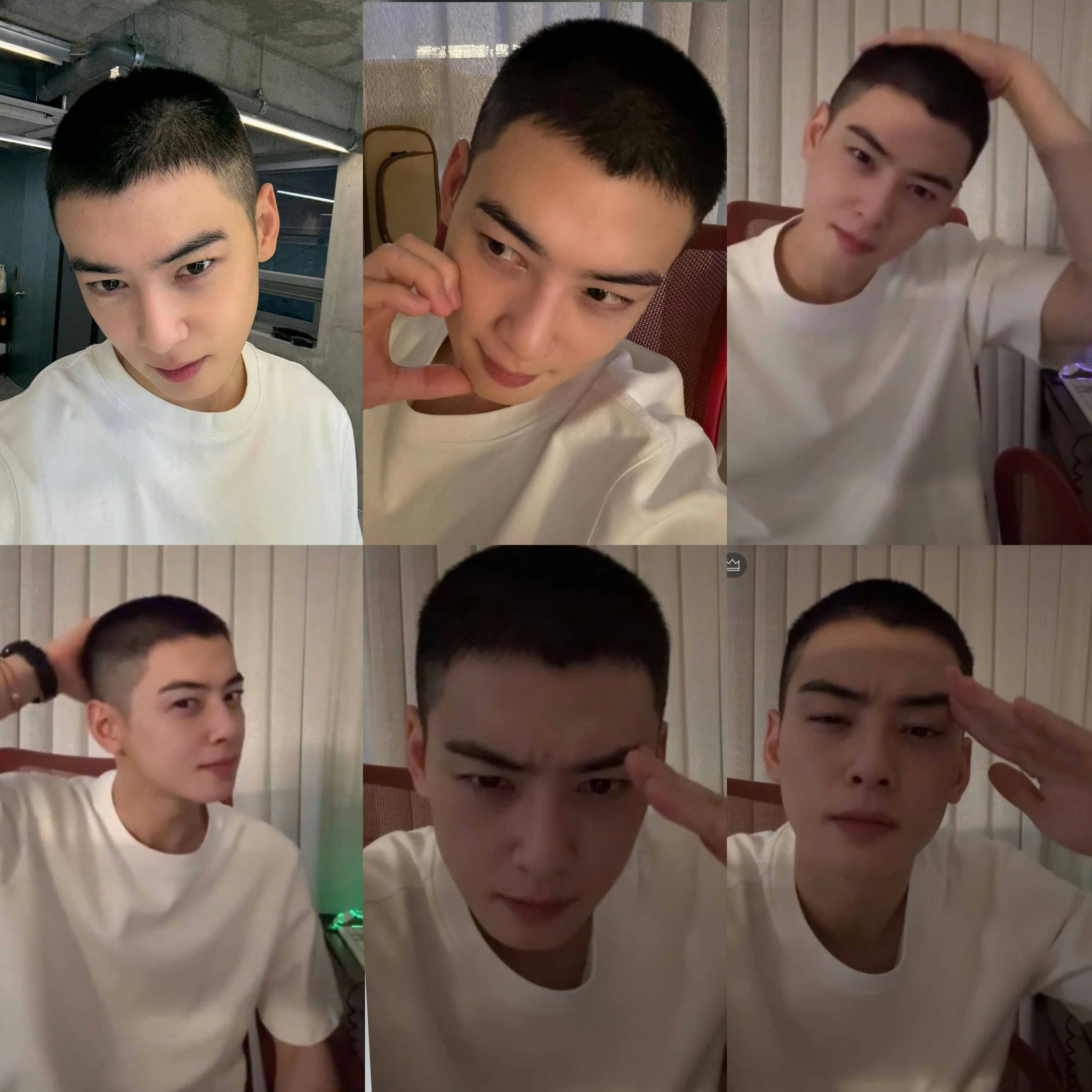 Cha Eun-woo military enlistment livestreamcollage' 'male' 'buzzcut' 'poses.