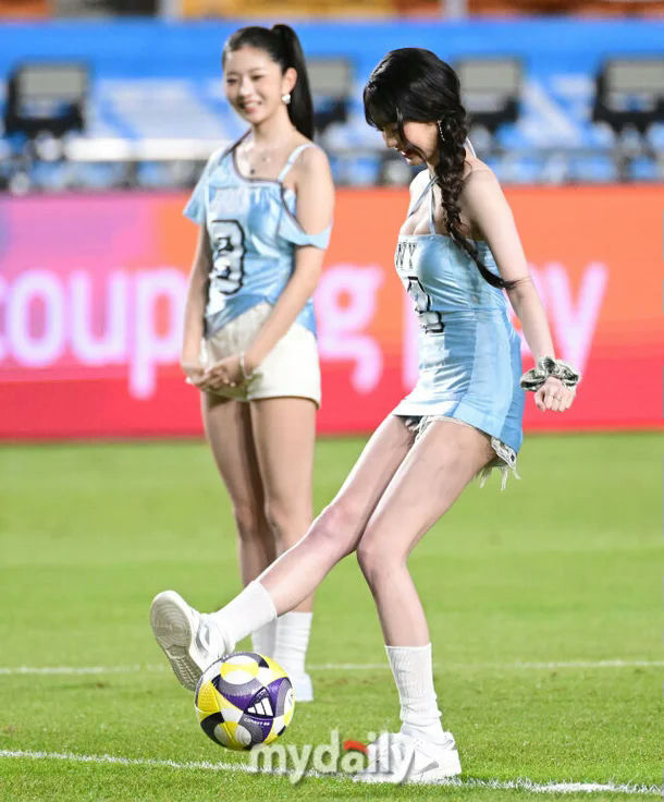 Jang Wonyoung kickoff outfitcheerleader' 'soccer' 'uniform' 'kicking.