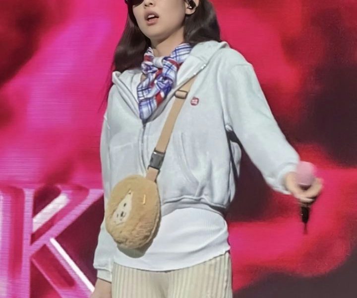 V teddy bear tote Jennieperson' '' 'ennie' 'sunglasses' 'scarf' 'microphone.