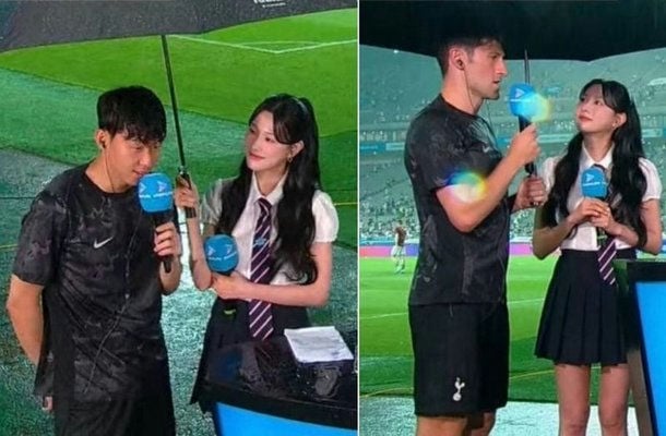 Son Heung-min umbrella controversymen' 'woman' 'interview' 'soccer' 'umbrella' 'tie.