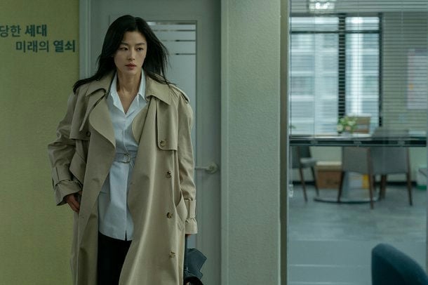 Jun Ji‑hyun Tempest stillswoman' 'trenchcoat' 'white' 'shirt' 'office' 'serious.
