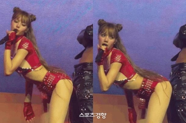 BLACKPINK Lisa Paris concert' 'isa' '' 'icrophone' 'red' 'outfit' 'bent' 'over' 'dance.