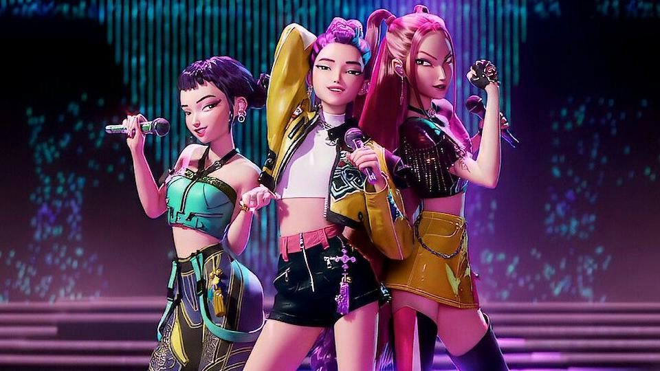 Golden K-pop 2025characters' 'stage' 'singing' 'music' 'colorful.