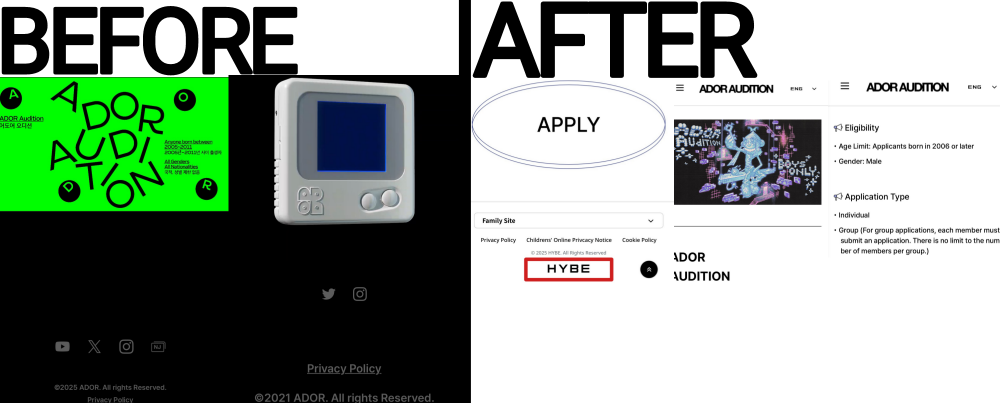 ADOR removes NewJeans websitetext' '' '' '' '' '' 'audition' 'apply' 'information.