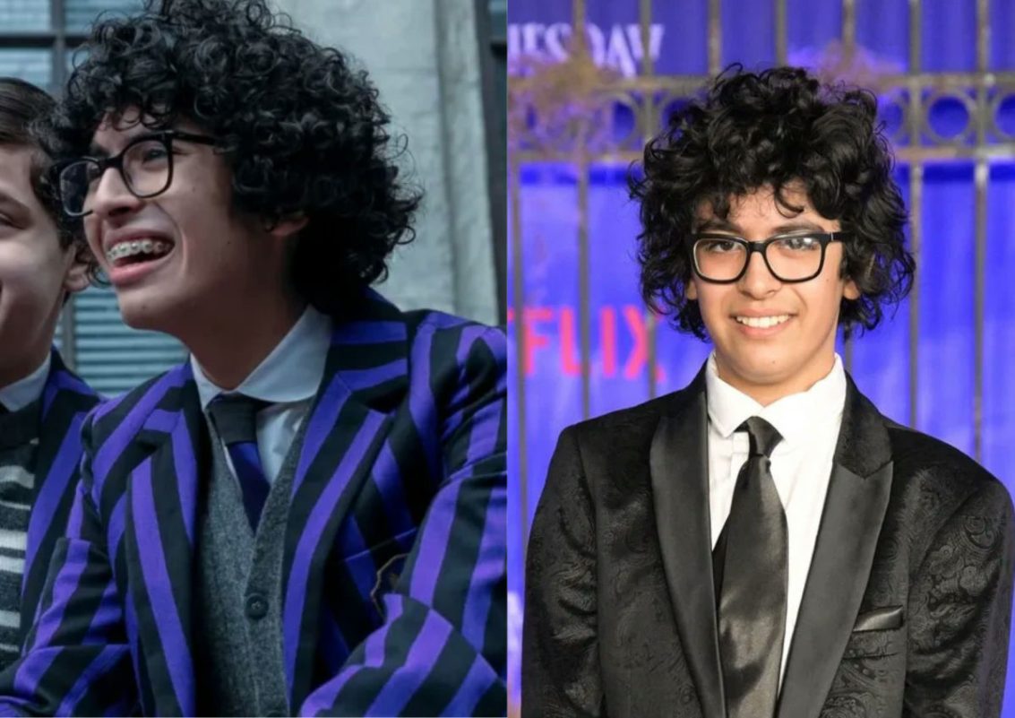 Wednesday Season 2 castpeople' 'actor' 'curls' 'glasses' 'suit.