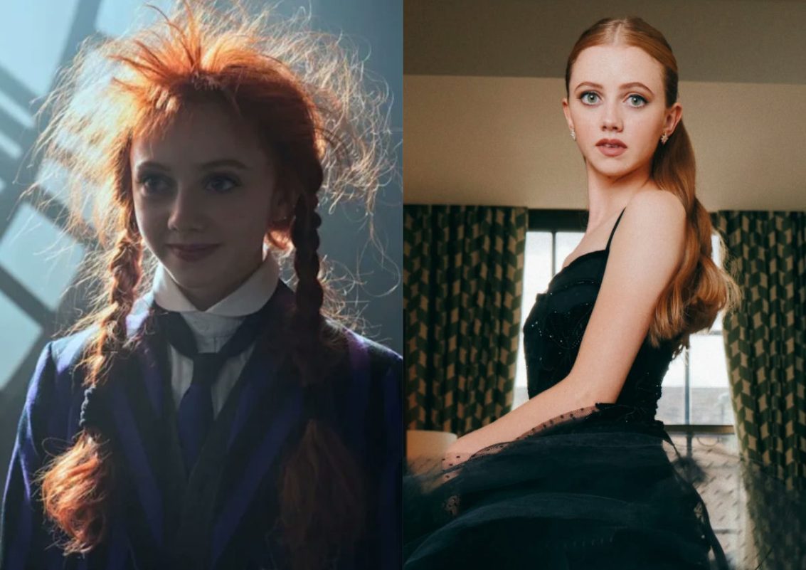 Wednesday Season 2 castpeople' 'split' 'red' 'hair' 'dress' 'gown.