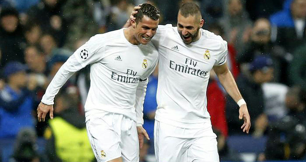 Al Nassr mock Benzema' 'onaldo' 'and' '' 'enzema' 'soccer' 'white' 'jersey' 'celebration' 'victory.
