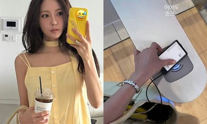 Hyomin office workwoman' 'selfie' 'yellowdress' 'commute' 'badge.