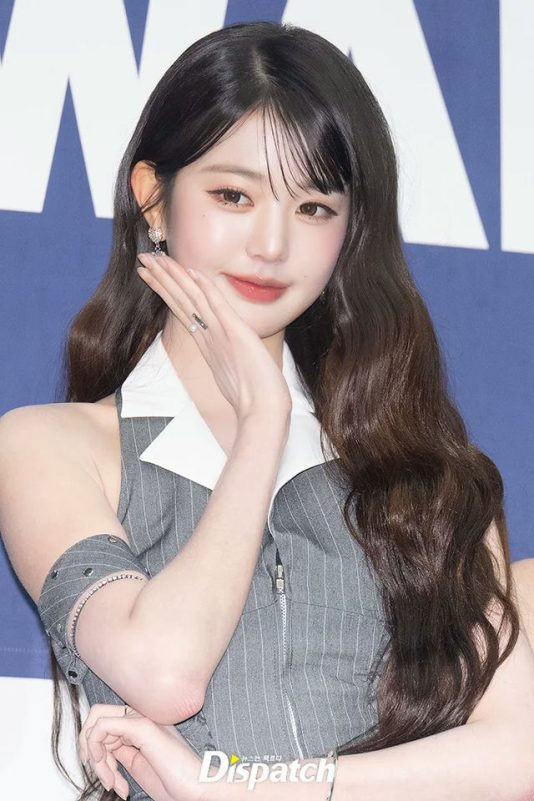Wonyoung K-World Dream Awards hate commentsperson' 'posing' 'wavy' 'hair' 'earring' 'gray' 'dress.