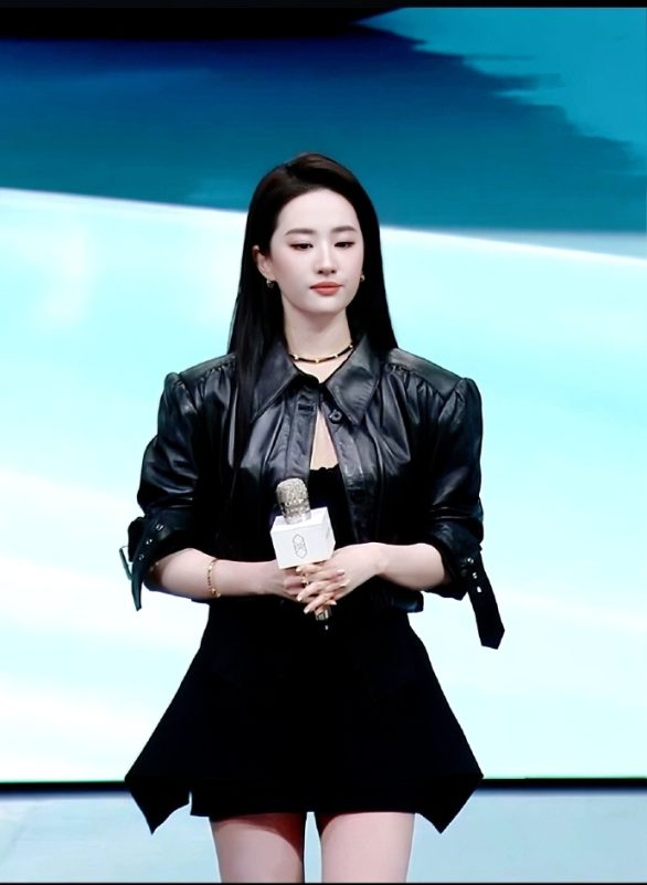 Liu Yifei public appearancewoman' 'roses' 'bouquet' 'leatherjacket.