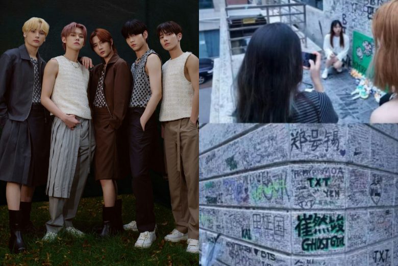 BTS ARMY TXT MOA graffiti controversypeople' '' '' '' '' 'group' 'fans' 'graffiti' 'wall.
