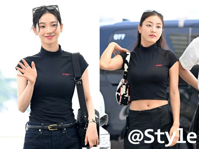 Karina vs Jihyo same athleisure toppeople' 'black' 'turtleneck' 'handbag' 'sunglasses.