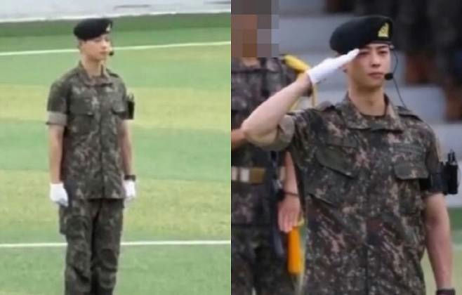 Cha Eun-woo military completion ceremonypeople' 'soldier' 'uniform' 'beret' 'salute.