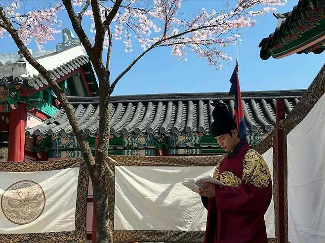 Lee Chae-min Bon Appétit Your Majestyperson' 'man' 'hanbok' 'cherryblossoms' 'book.