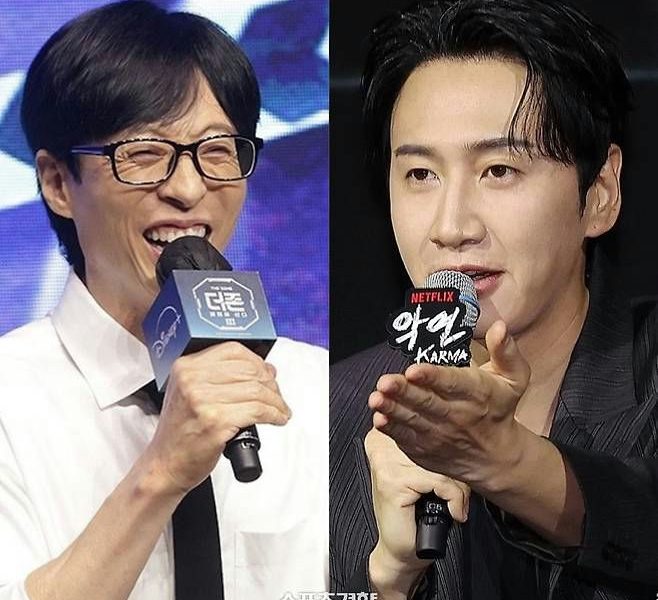 Lee Kwang-soo Yoo Jae-suk reunionpeople' 'two' 'microphone' 'formal' 'interview.