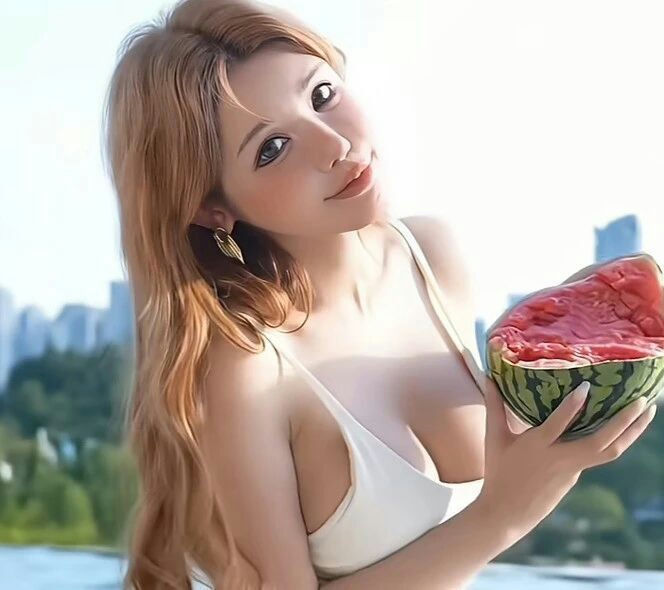streamer exposes Bentley Bropeople' 'woman' 'watermelon' 'bikini' 'outdoors.