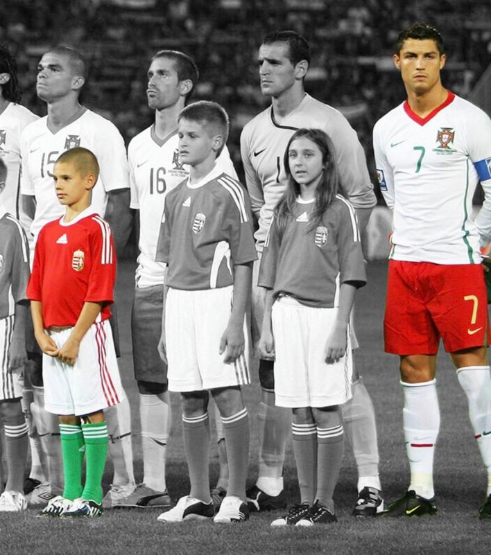 Ronaldo Szoboszlai mascot momentpeople' 'soccer' 'uniforms' 'match' 'contrast.