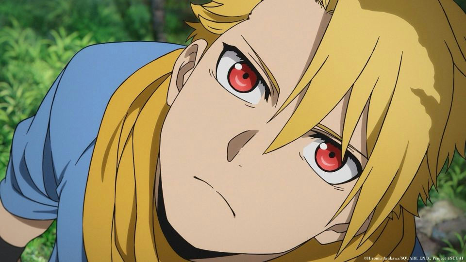 Daemons of the Shadow Realm animeperson' 'anime' 'red' 'eyes' 'blond' 'hair' 'upward' 'gaze.