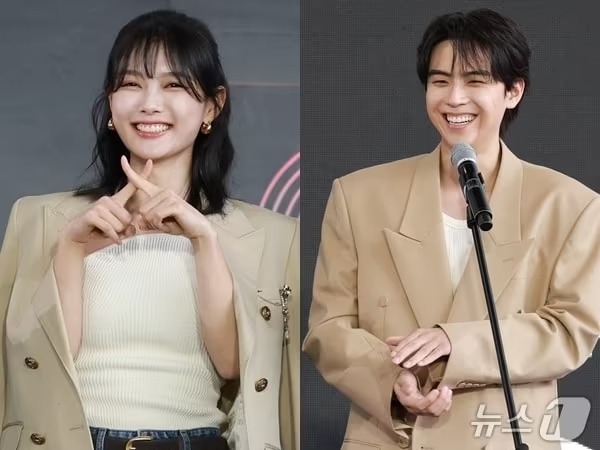 Kim Yoo-jung Kim Do-hoon dating rumortwopeople' 'smiling' 'beige' 'microphone.