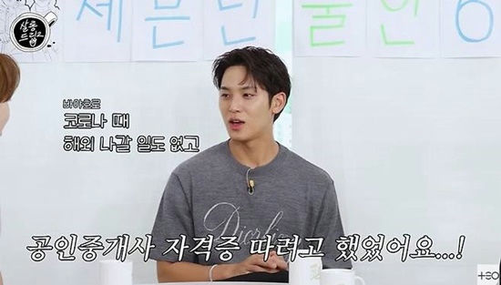 SEVENTEEN Mingyu real estate exampeople' 'interview' '' 'orean' 'whiteboard' 'gray' 'shirt.