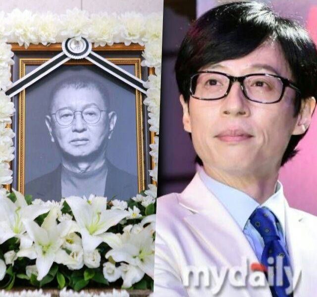 Yoo Jae-suk Ji Seok-jin Jeon Yoo-sung memorialpeople' 'frame' 'flowers' 'blackandwhite' 'suit.