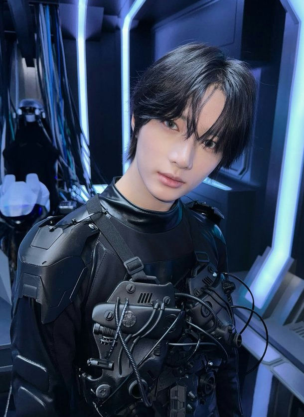 Beomgyu KakaoTalk updateperson' 'futuristic' 'wires' 'uniform' 'black.