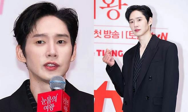 Park Sung Hoon after Bon Appétit, Your Majesty finaleperson' 'black' 'hair' 'suit' 'microphone' 'finger' 'heart.