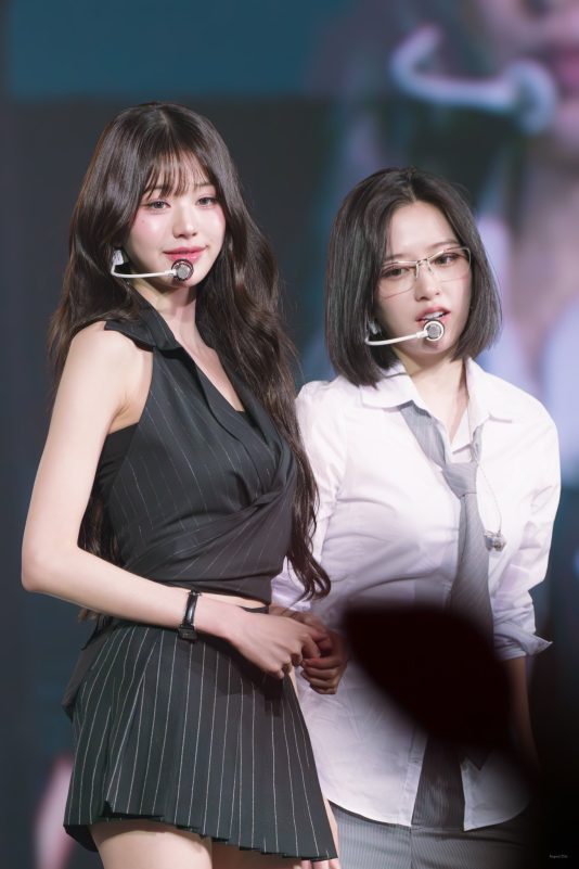 Kim Hyunah Produce 48 18+ livestreamwomen' 'microphone' 'stage' 'pinstripes' 'glasses.