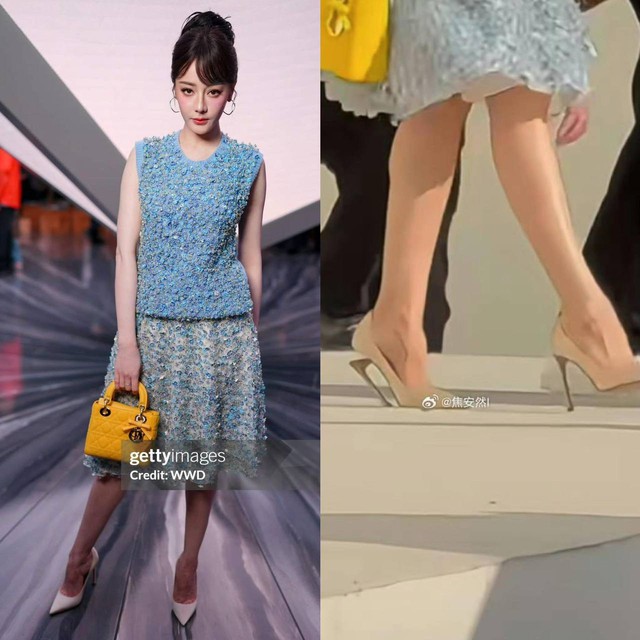 Dilraba Dilmurat Dior shoe incidentwoman' 'fashion' 'blue' 'dress' 'yellow' 'purse' 'heels.
