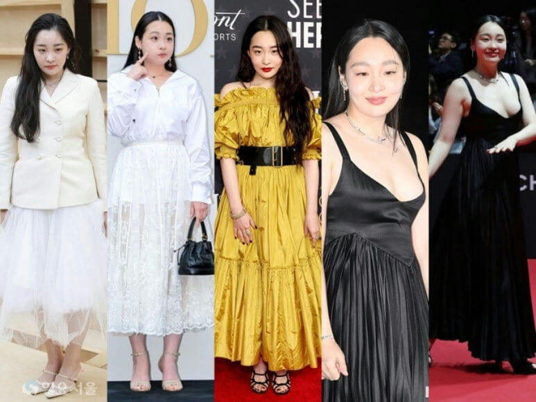 people-Lee Jung Eun-Korean Actress-white skirt suit-white lace dress-yellow off-the-shoulder dress-black slip dress