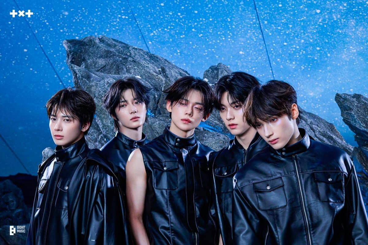 people-5-K-pop-A-TXT-A-leather jackets-A-blue background-A-rocky setting