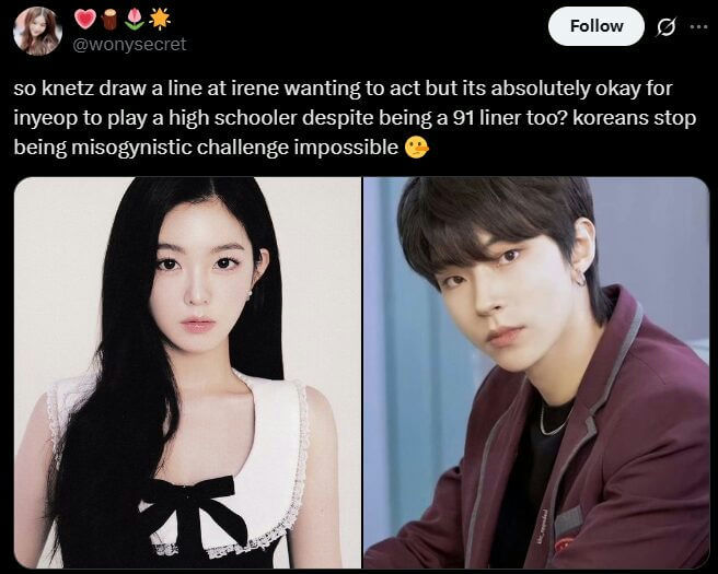 people-Irene (from Red Velvet)-A-actress-A-Hwang In-yeop-B-actor-B-comparison-C-age-C-double standard