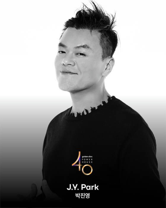 people-J.Y. Park-black and white portrait-solo male-spiky hair-wearing black t-shirt with distressed collar-text overlay with "40 golden disc POWER HOUSE J.Y. Park 박진영"