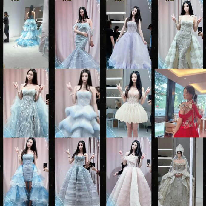 people-woman-wearing-multiple-dresses-A-celebrity-style-gowns-A-fashion-try-on-B-long-dark-hair-C