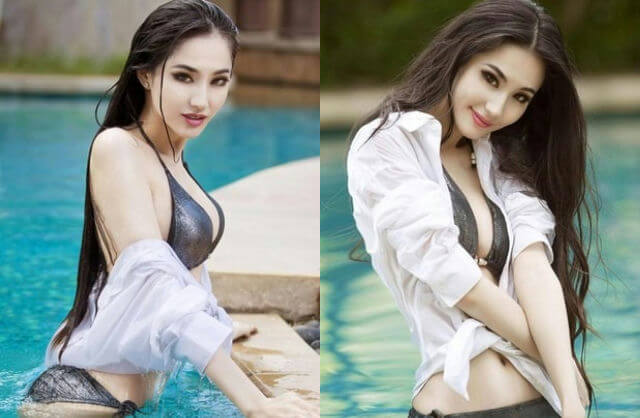people-woman-bikini-white shirt-poolside-long dark hair