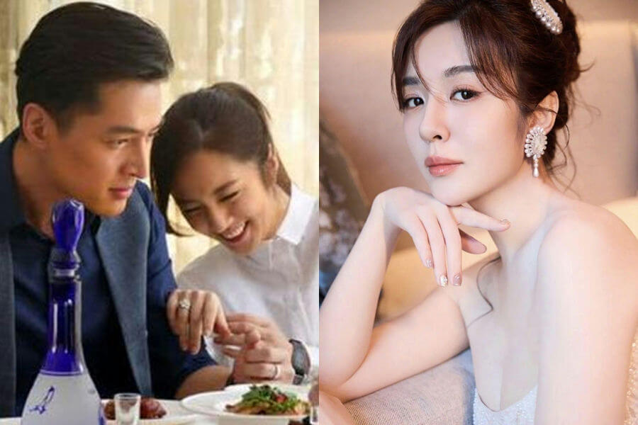 people-Two individuals in a scene on the left, one woman on the right-Left scene: Couple looking at a ring, happy expression, dining-Right scene: Elegant woman posing, wearing jewelry-Both scenes: Asian, possibly celebrities or actors-Overall: Split image comparing two different scenes or looks of a person (likely the woman in both the left and right images, though the man is only on the left)