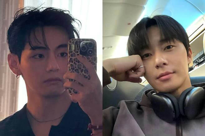 people-V (BTS)-selfie-Park Seo-joon-airplane